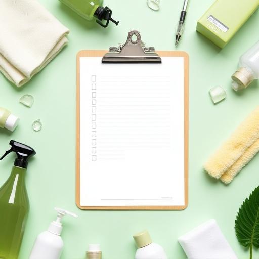 Clipboard checklist with eco-friendly cleaning supplies on a clean surface