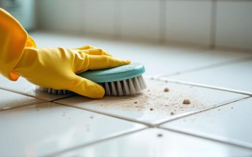Professional cleaner scrubbing kitchen tiles thoroughly with a brush